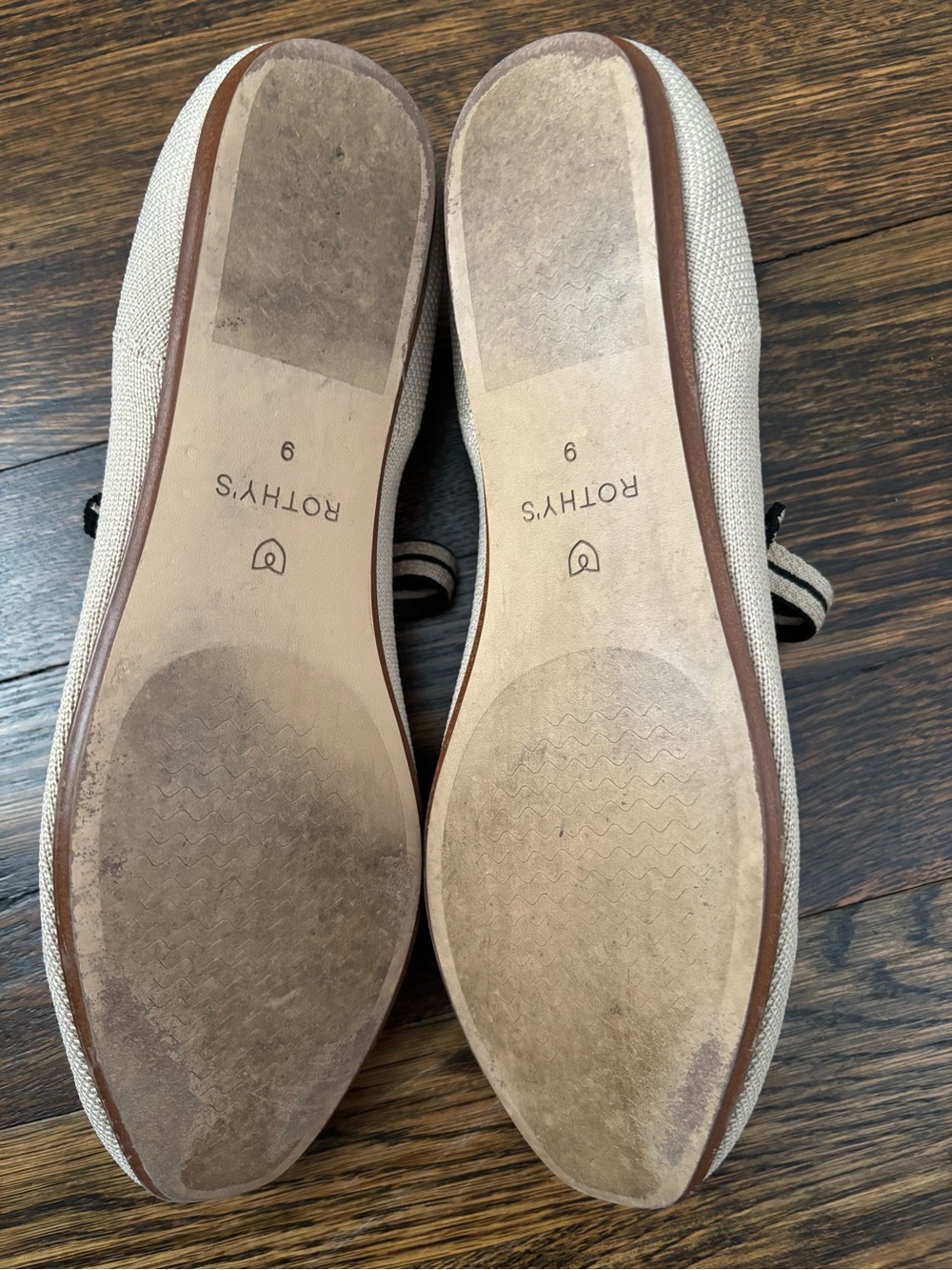 Rothy's Beige Mary Jane Flats with Black Trim and Blue Heel Accent - Picture 2 of 2
